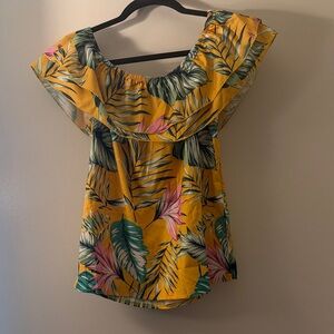 SHEIN Yellow Leaf Print Off-Shoulder Blouse